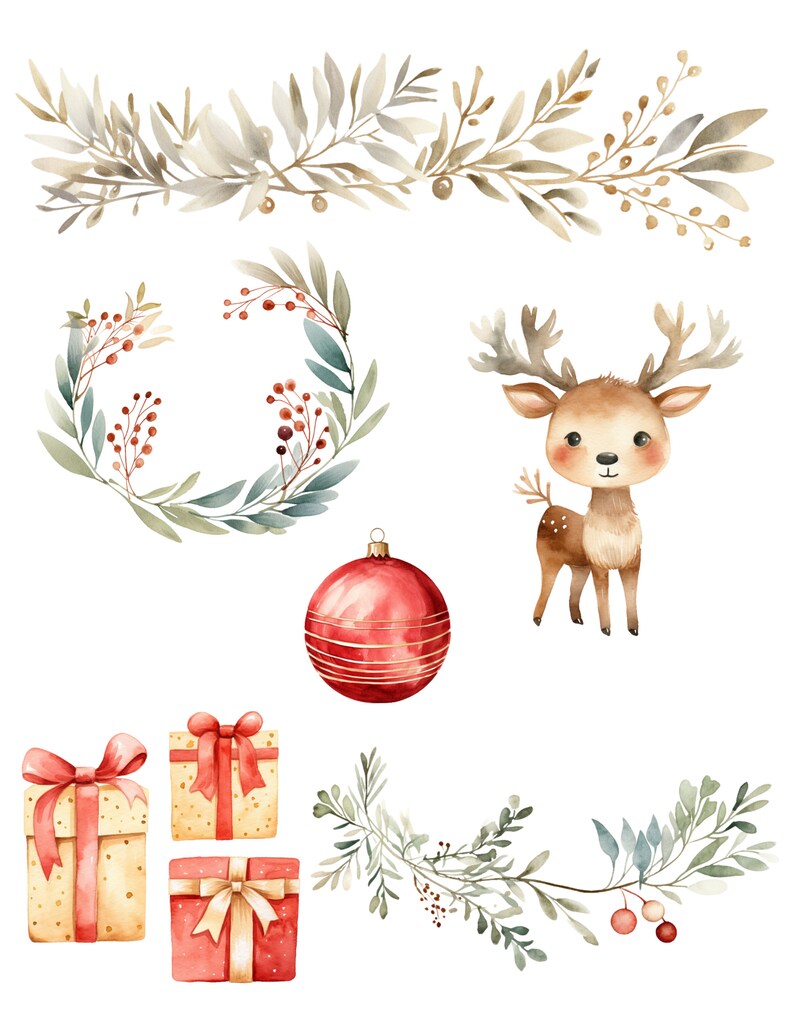 Watercolor Christmas Clipart: Santa, Reindeer, Ornaments (PNG Digital ...