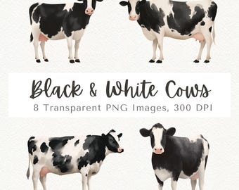 Black and White Cow Clipart Bundle, Farm Animal PNG Images (Digital Download)
