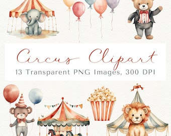 Puede incluir: Un conjunto de 13 ilustraciones de acuarela con temática de circo. Las ilustraciones incluyen un carrusel, una tienda de campaña, un cubo de palomitas de maíz, un león, un oso y un elefante. Las ilustraciones son perfectas para crear invitaciones, decoraciones de fiesta o proyectos de scrapbooking.