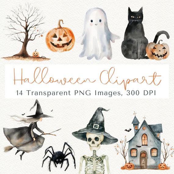 Halloween Clipart Bundle, Witch, Pumpkin, Cat (PNG)