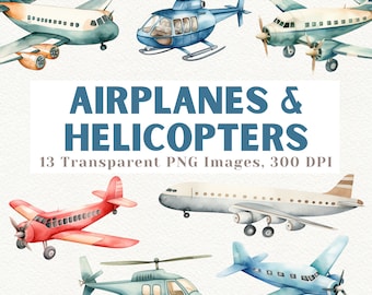 Watercolor Airplane & Helicopter Clipart: Aviation PNG Images (Digital Download)