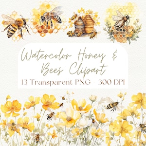 Watercolor Honey Bee Clipart HoneyBee PNG Bumble Bee Honey Comb Bee Clipart Bee Invitation Instant Download Spring Garden Watercolor Clipart
