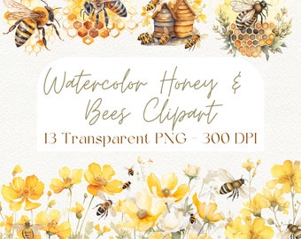 May include: Watercolor clipart featuring honeybees and honeycombs, along with a beehive and yellow wildflowers. The text "Watercolor Honey & Bees Clipart" and "13 Transparent PNG - 300 DPI" is included in the image.