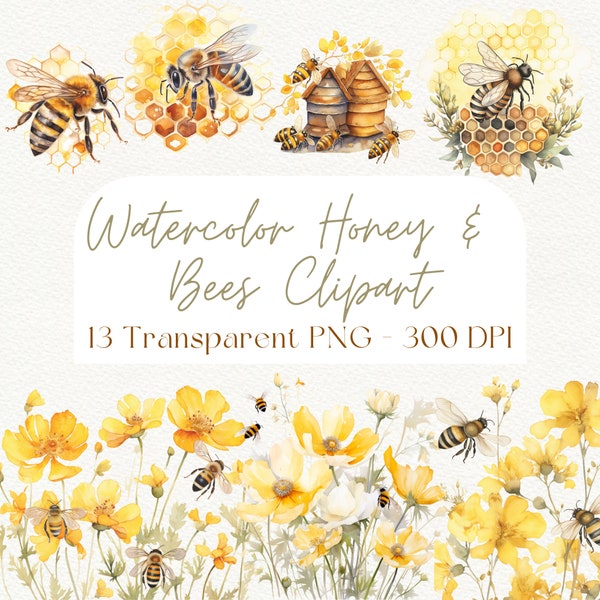 Watercolor Honey Bee Clipart HoneyBee PNG Bumble Bee Honey Comb Bee Clipart Bee Invitation Instant Download Spring Garden Watercolor Clipart