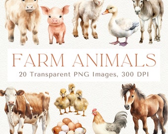 Imágenes prediseñadas de animales de granja en acuarela: vaca, poni y cabra de las Tierras Altas (PNG)