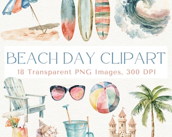 Watercolor Beach Day Clipart: Summer Vacation PNG Images (Digital Download)