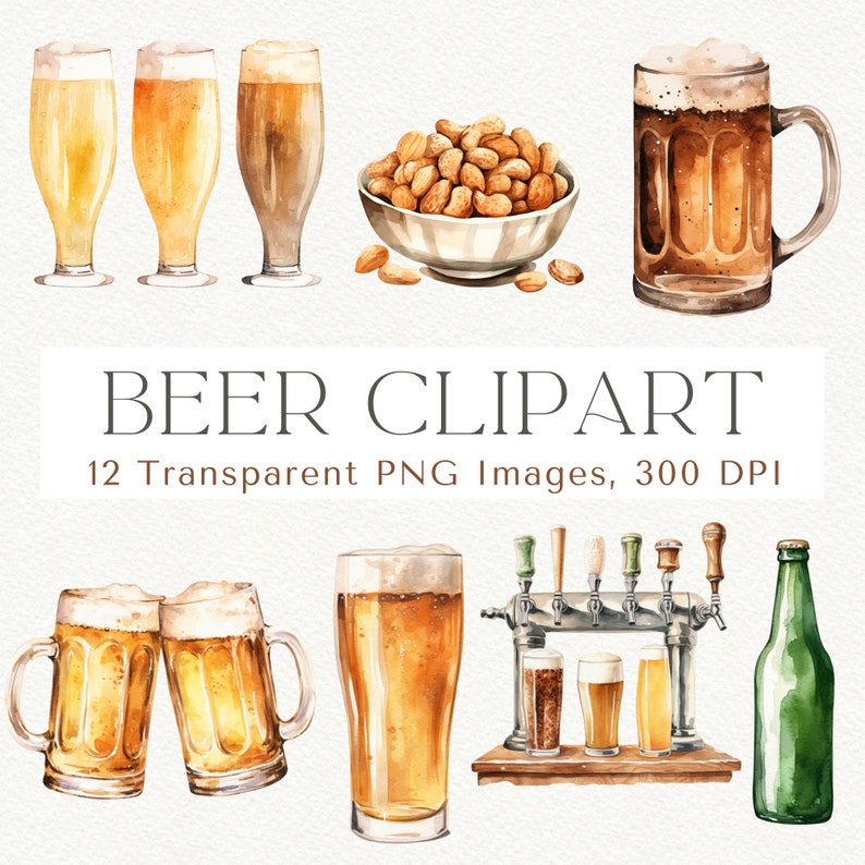 May include: Watercolor clipart set of beer-themed illustrations. Includes beer mugs, bottles, glasses, peanuts, and a beer tap.  The set is perfect for creating invitations, cards, and other craft projects.