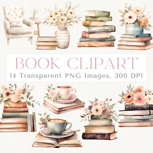 May include: Watercolor clipart set of books, flowers, and coffee cups. The set includes 14 transparent PNG images, 300 DPI.  The images feature a variety of book stacks, floral arrangements, and coffee cups, all in a watercolor style.