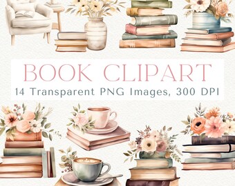 Floral Book Stack Clipart: Watercolor Bookworm PNG (Digital Download)