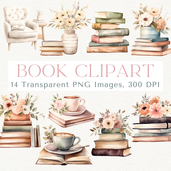 Floral Book Stack Clipart: Watercolor Bookworm PNG (Digital Download)