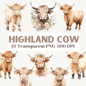 Simpatica clipart di mucca delle Highland, PNG di mucca delle Highland, mucca delle Highland con papillon, mucca delle Highland con fiori, pacchetto di clipart ad acquerello per uso commerciale