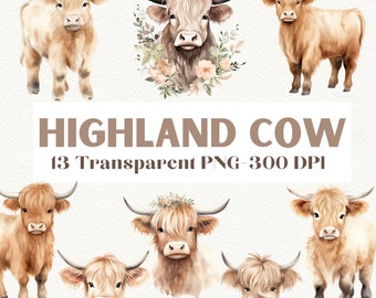Watercolor Highland Cow Clipart Bundle, Commercial Use (PNG)