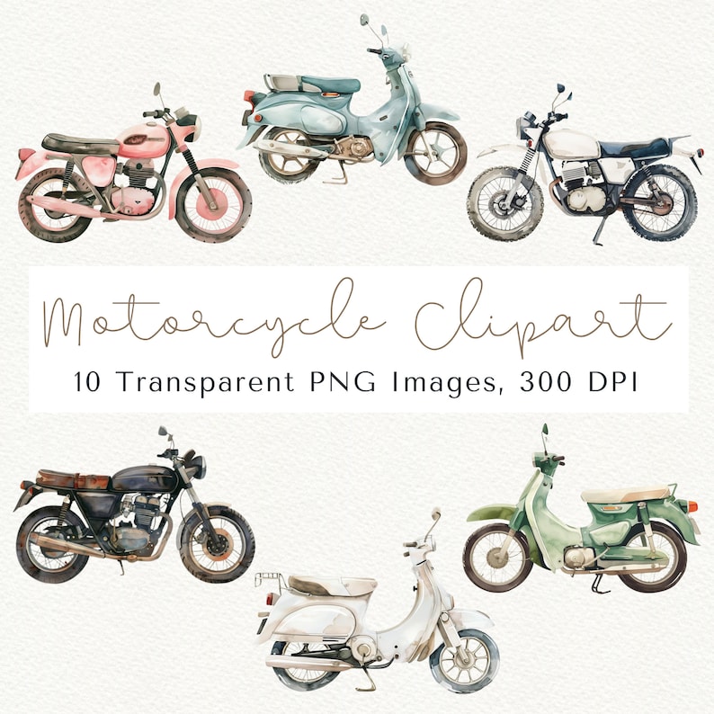 Pu&ograve; includere: Un set di dieci illustrazioni ad acquerello di motociclette e scooter vintage. Le illustrazioni sono in vari colori, tra cui rosa, blu, verde e bianco. Le motociclette e gli scooter sono tutti in stili diversi, alcuni con sidecar e altri con portapacchi. Le illustrazioni sono perfette per l'uso nello scrapbooking, nella creazione di biglietti e in altri progetti di artigianato.