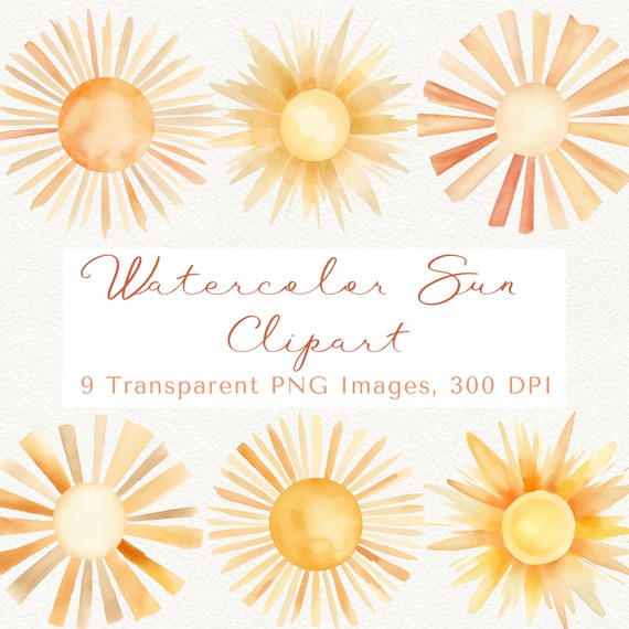 Watercolor Sun Clipart: Pastel Sunburst PNG Images (Digital Download)