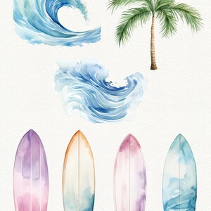 May include: Watercolor illustration of a palm tree, four surfboards, and two ocean waves. The surfboards are painted in shades of blue, pink, and white. The waves are painted in shades of blue.