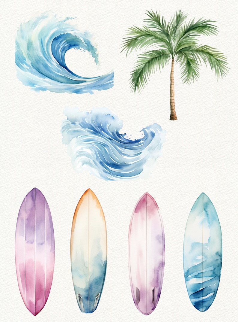 May include: Watercolor illustration of a palm tree, four surfboards, and two ocean waves. The surfboards are painted in shades of blue, pink, and white. The waves are painted in shades of blue.