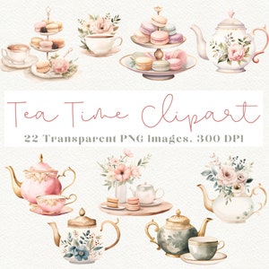 Clipart de hora do chá, clipart de chá, clipart de festa de chá, clipart de chá, clipart de bebida, xícara de chá PNG, conjunto de chá clipart, festa de chá em aquarela PNG