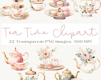 Watercolor Tea Party Clipart: Tea Cups, Teapots (22 PNG Images)