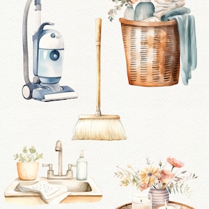 May include: A watercolor illustration of household cleaning supplies, including a vacuum cleaner, broom, and a sink with a faucet and soap dispenser. The illustration also includes a wicker basket with laundry, a tray with candles and a vase with flowers.