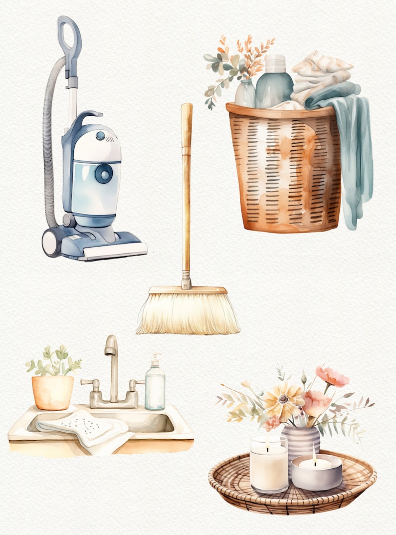 May include: A watercolor illustration of household cleaning supplies, including a vacuum cleaner, broom, and a sink with a faucet and soap dispenser. The illustration also includes a wicker basket with laundry, a tray with candles and a vase with flowers.