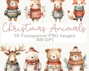 Watercolor Christmas Animal Clipart: Festive Winter PNG Images (Digital Download)