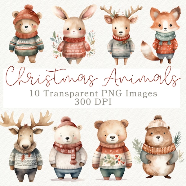 Christmas Animals Clipart, Winter Animal Clipart, Woodland Christmas Clipart, Festive Christmas Animal PNG, Christmas Sweater Clipart