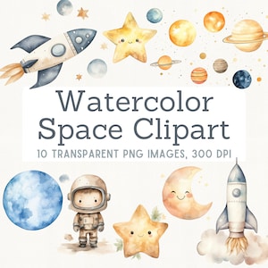 Aquarel ruimte clipartbundel, zon aquarel clipart, astronaut ruimteschip, outerspace clipart, sterren en maan PNG Instant Download