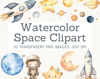 Watercolor Space Clipart Bundle, Sun Watercolor Clipart, Astronaut Spaceship, Outerspace Clipart, Stars and Moon PNG Instant Download