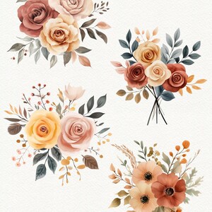 May include: Four watercolor floral bouquets with a neutral color palette of beige, brown, and gray. The bouquets feature roses, anemones, and other floral elements.