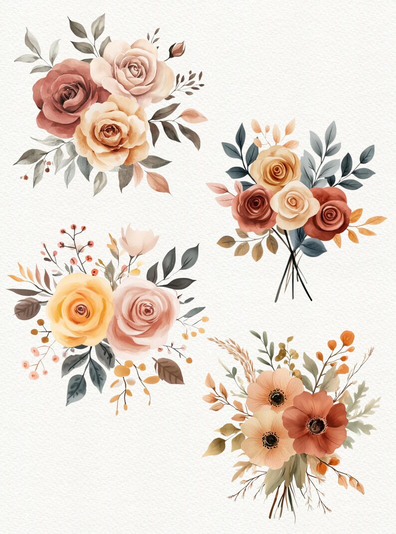 May include: Four watercolor floral bouquets with a neutral color palette of beige, brown, and gray. The bouquets feature roses, anemones, and other floral elements.