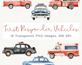 First Responder Vehicle Clipart: Firetruck, Police Car, Ambulance (PNG Digital Download)