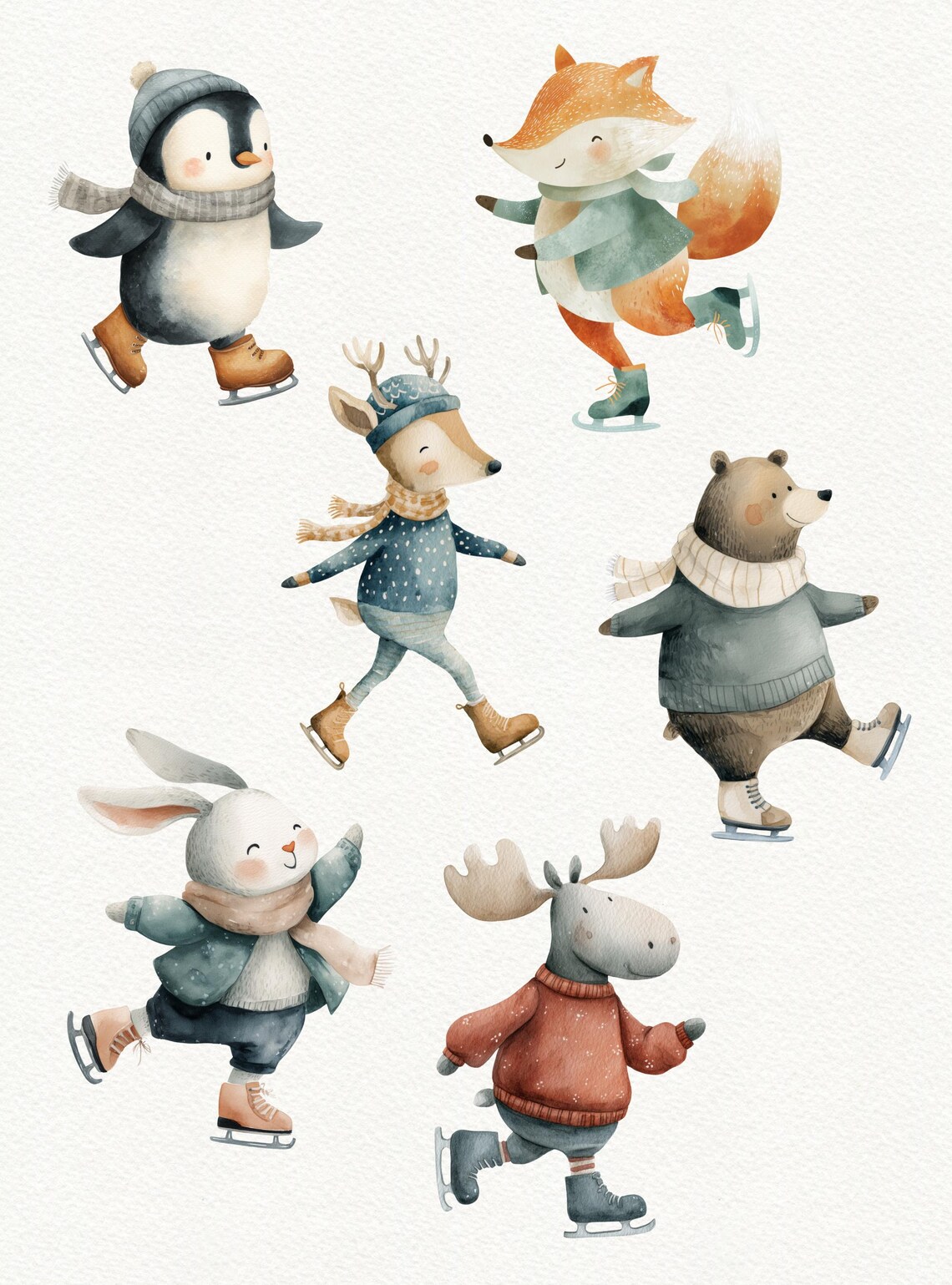 Winter Animals Ice Skating Clipart, Woodland PNG (digital Download) - Etsy