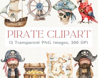 Watercolor Pirate Clipart Set: PNG Images (Digital Download)
