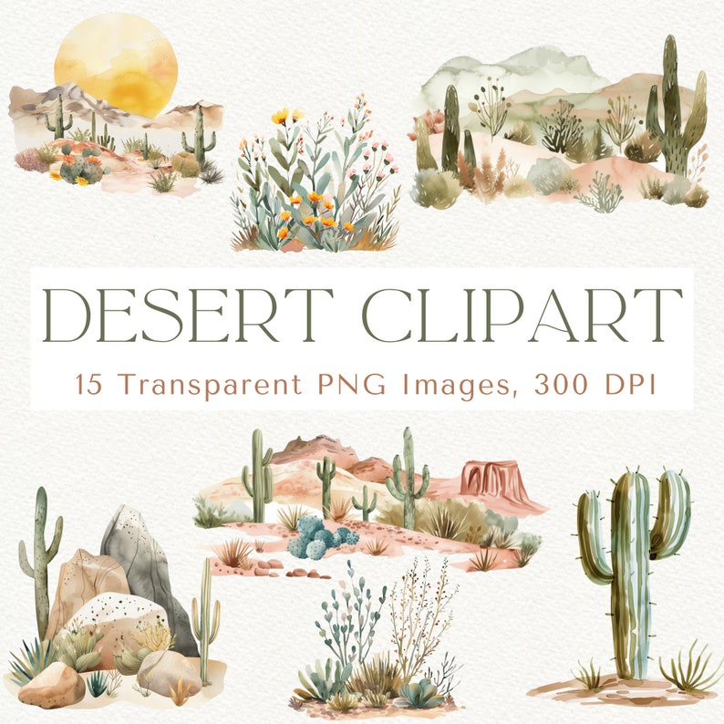 May include: A set of 15 watercolour desert clipart images, featuring cacti, succulents, and desert landscapes. The images are perfect for creating invitations, cards, and other digital or printed projects.
