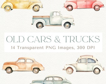 May include: A set of 14 watercolour illustrations of vintage cars and trucks. The illustrations are in various colours, including yellow, red, blue, green, and brown. The cars and trucks are all in a classic style, with rounded edges and simple designs. The illustrations are perfect for adding a touch of nostalgia to any project.