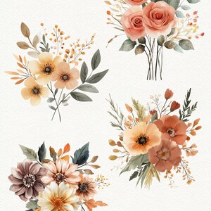 May include: Four watercolor floral bouquets in shades of peach, orange, and brown. The bouquets feature various flowers, leaves, and stems.