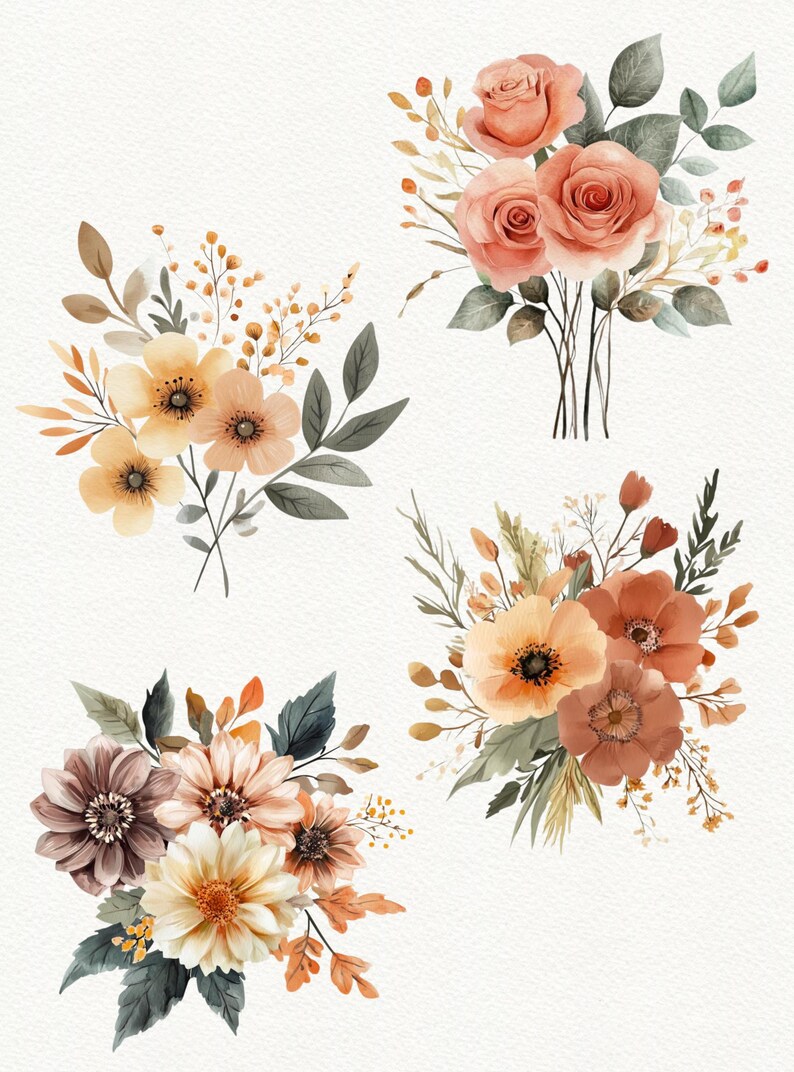 May include: Four watercolor floral bouquets in shades of peach, orange, and brown. The bouquets feature various flowers, leaves, and stems.
