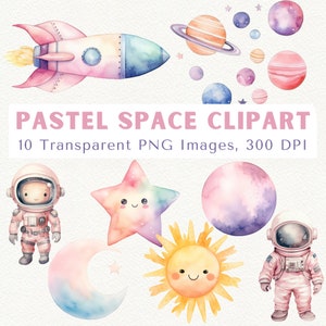Weltraum Clipart, Aquarell niedlichen Weltraum Clipart, Weltraum Mädchen Clipart, PNG Mädchen Astronaut, Pastell Weltraum, Rakete Sonne Mond Sterne Planeten