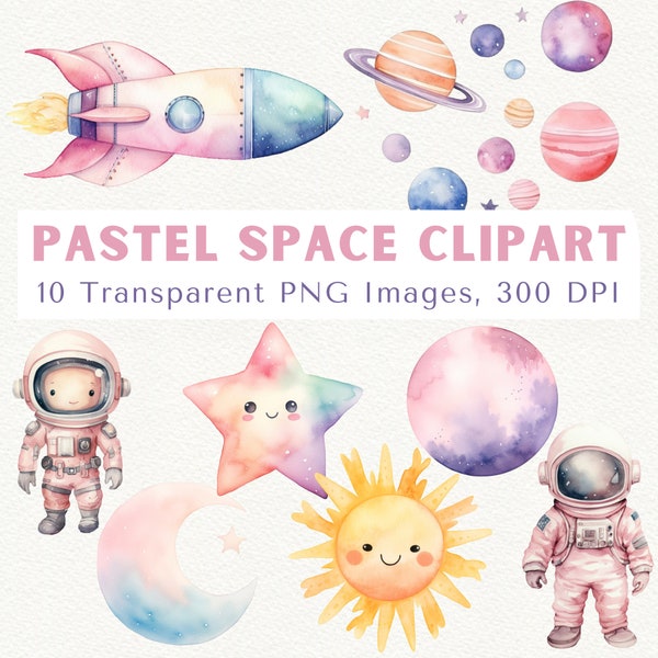Outer Space Clipart, Watercolor Cute Space Clipart, Space Girl Clipart, Girl Astronaut PNG, Pastel Space, Rocket Ship Sun Moon Stars Planets