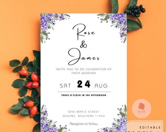 Elegant, Lavenders and Leafs Wedding Invitation, Invitation Template, Printable Wedding Invitation, Editing with CANVA