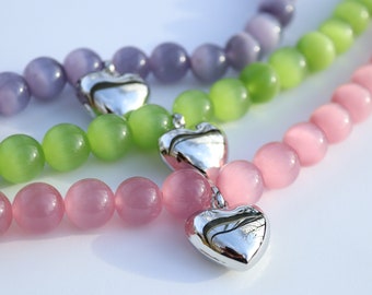 Handmade Cat&#39;s Eye Bead Necklace: Heart Pendant, Adjustable Length