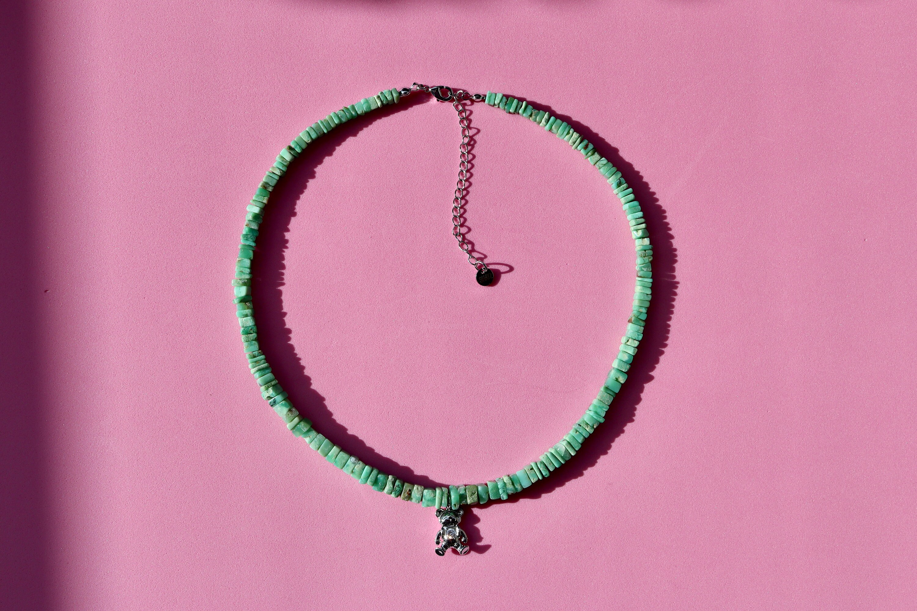Chrysoprase Gem Beaded Necklace with Teddy Bear Pendant