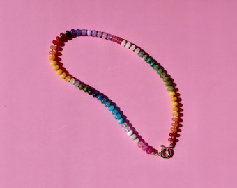 Rainbow Gemstone Necklace | Colorful Gradient Beaded Jewelry | Handmade Multicolor Necklace with Gold Clasp