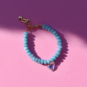 Aquamarine Beaded Bracelet: Gold-Plated Crystal Heart Charm, March Birthstone