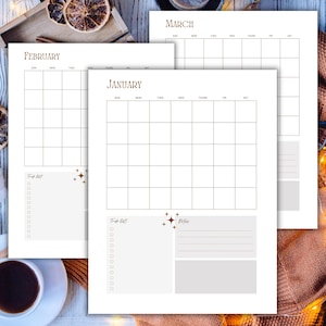Printable Minimalist Monthly Calendar, to do list, shopping list, PDF download, organization