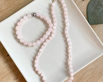 Conjunto de Pulsera y Collar especial para el día de la Madre | Joyas de Cuarzo Rosa Natural | Joyería de Piedras Preciosas | Set de Joyas