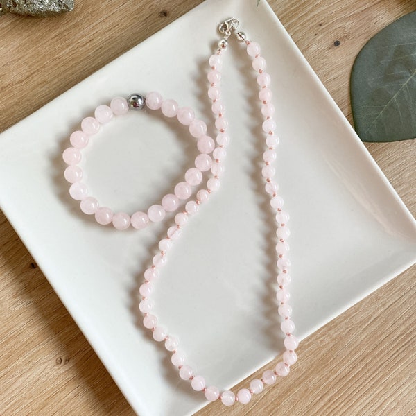 Conjunto de Pulsera y Collar especial para el día de la Madre | Joyas de Cuarzo Rosa Natural | Joyería de Piedras Preciosas | Set de Joyas