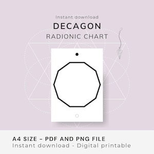 May include: A digital printable decagon radionic chart on a white background. The chart features a black decagon shape with a black dot above and a small circle below. The text "DECAGON RADIONIC CHART" is at the top. The image is on a light purple background.