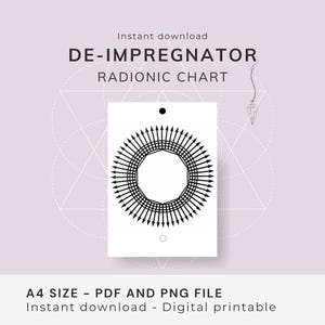Könnte beinhalten: Ein digital druckbares radionisches Diagramm mit dem Titel "DE-IMPREGNATOR" und einem geometrischen Design. Das Design ist schwarz-weiß und zeigt ein zentrales Polygon, das von Pfeilen umgeben ist. Der Text "A4 SIZE - PDF AND PNG FILE" ist ebenfalls sichtbar.