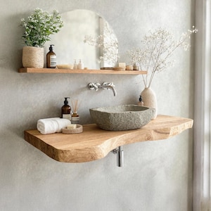 Rustic live edge bathroom vanity shelf handcrafted floating vanity desk shelf wall mounted brackets bathroom decor housewarming gift